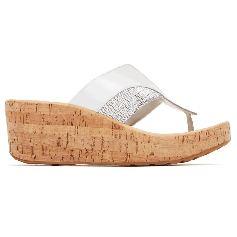 Rockport Women's Weekend Casuals Lanea Gore Thong Wedge Sandals - White - USA (7698RUOXQ)